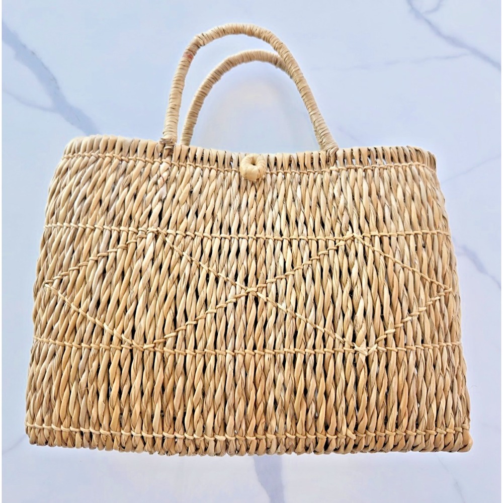 Market Weave Tote Bag Straw Basket with Button Closure Retangular Summer Beach V